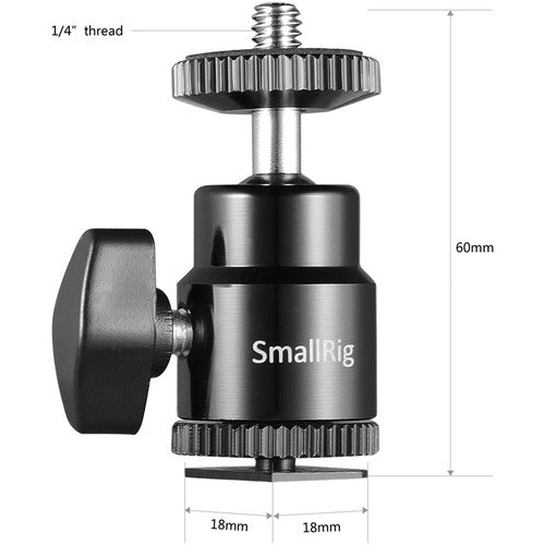 Camera ball head with 'SmallRig' branding and measurements on a white background