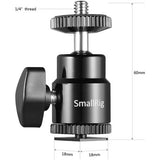 Camera ball head with 'SmallRig' branding and measurements on a white background