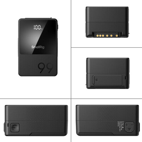 Black battery pack with digital display and multiple angles shown on a white background