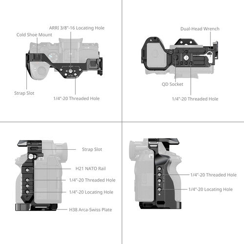 Technical diagram of a camera mount with labeled parts on a white background