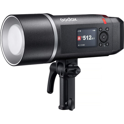 Godox studio light with digital display on a white background
