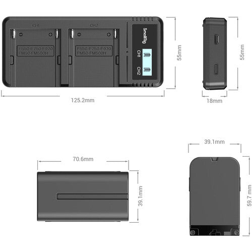 Measurement chart of a battery charger and two batteries on a white background