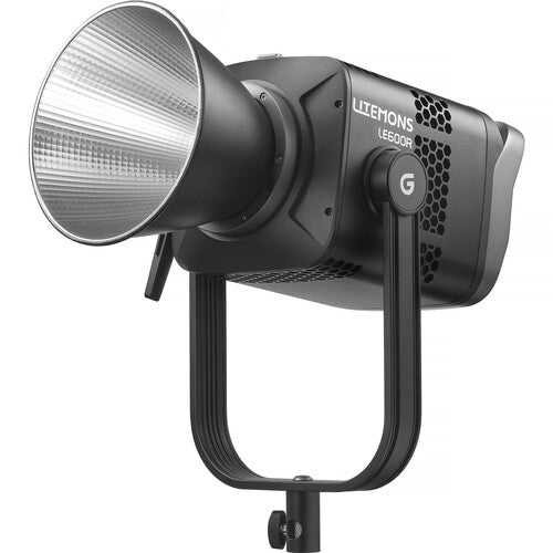 A LIEMONS Leicor studio light with a black body, silver reflector, and black mounting bracket, shown on a solid white background.