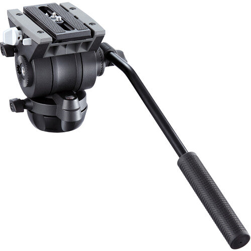 A black camera fluid head with a long carrying handle and textured grip, shown on a plain white background.