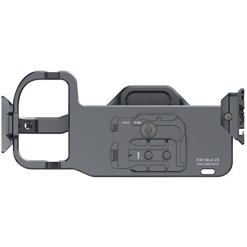 Black camera accessory on a white background