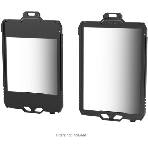 Two black phone cases with reflective screens on a white background