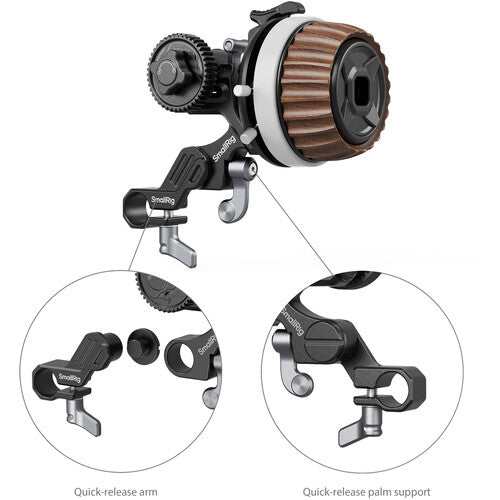 Camera stabilizer with quick-release arm and palm support on a white background