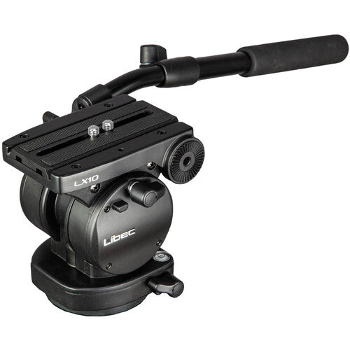 A black Libec LX10 camera fluid head with a handle grip, shown on a solid white background.