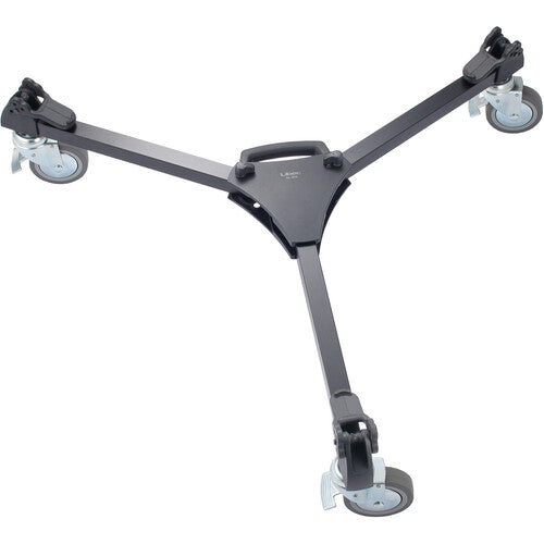 Black adjustable stand with wheels on a white background