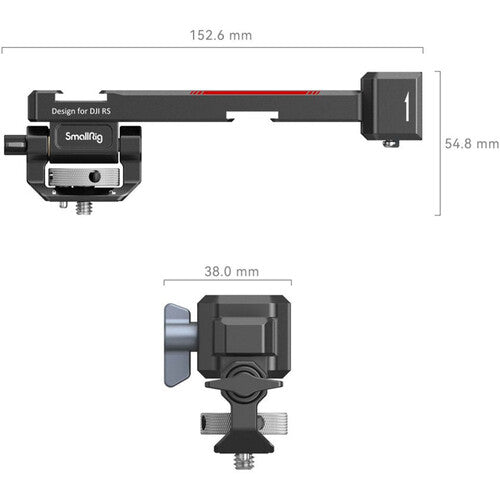 Technical dimension diagram of a SmallRig mounting bracket, showing front and side views with measurements 152.6 mm, 54.