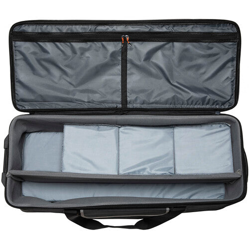 Open gray case with interior compartments on a white background