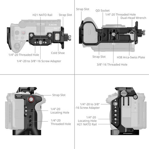 A four-panel technical diagram showing the front, top, and side views of a camera accessory with labeled parts such as strap slot, QD socket, threaded holes, cold shoe, and H21 NATO rail on a white background.