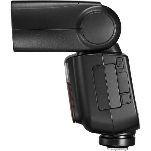 Black camera flash with adjustable arm on a white background