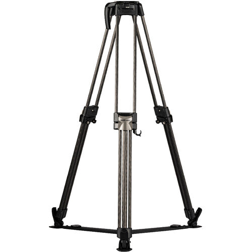 A three-legged tripod with black legs and a silver central column, shown fully extended on a plain white background.