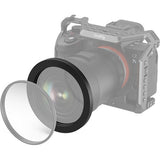 Camera with lens hood and camera body on a white background