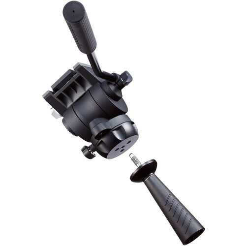 A black camera tripod ball head with a separate textured handle removed and placed beside it, shown against a plain white background.