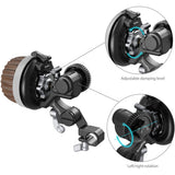 Motorcycle suspension system with adjustable damping level and left/right rotation features on a white background.