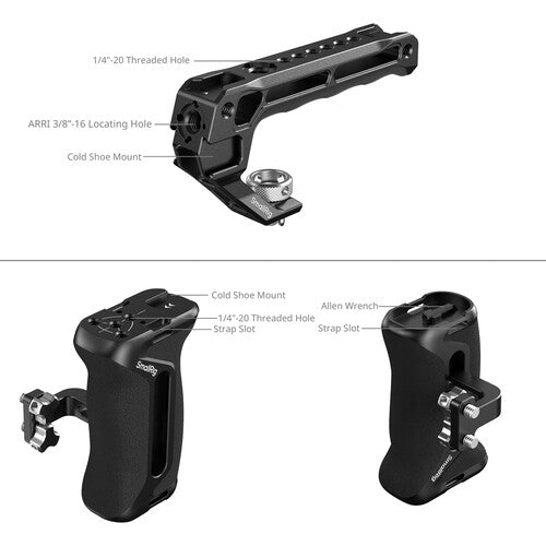 Camera grip with labeled features on a white background