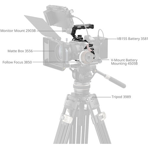 A grayscale technical diagram showing a camera rig mounted on a tripod, with callout lines and text labels pointing to various components such as monitor mount, matte box, follow focus, V-mount battery mounting, and tripod.