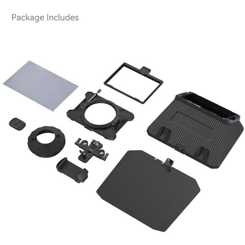 A camera lens protector kit laid out on a white background, including a textured black front cover, a rectangular black frame piece, a circular black ring, small mounting hardware, a gray cleaning cloth, and a small black rubber piece. Text in the upper left reads 'Package Includes'.