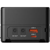 Close-up of the rear panel of a black electronic device showing port labels: 8V OUT, 12V OUT, USB-A, and USB-C.