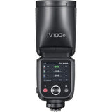 Black camera flash device with 'V100c' branding on a white background