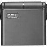 Gray electronic device with a brand logo on a white background