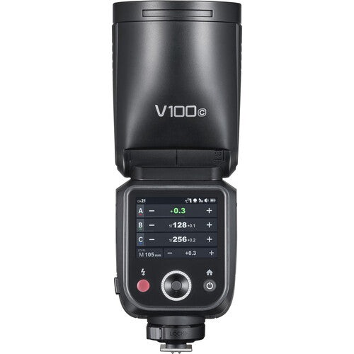 Black camera flash device with 'V100c' branding on a white background