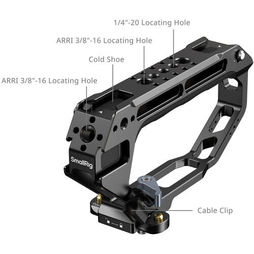 SmallRig camera rig base plate with labeled callouts for ARRI 3/8"-16 locating holes, a 1/4"-20 locating hole, cold shoe, and cable clip on a white background.