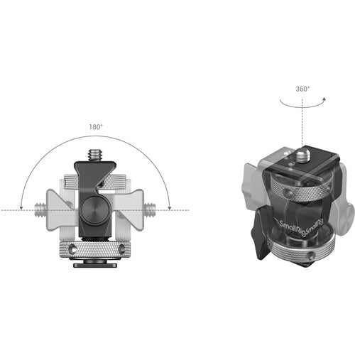 Technical product diagram showing a camera mounting ring and tripod head from two angles, with dimension labels including 180° and 360° on a white background.