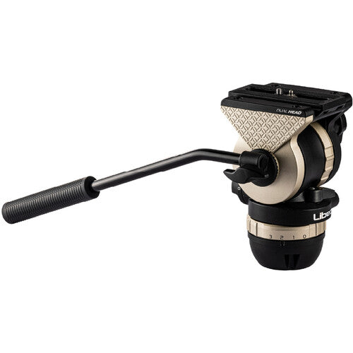 A Uni-Met 1/2" fluid head camera tripod mount with a black handle grip and a textured beige and black body, shown on a solid white background.
