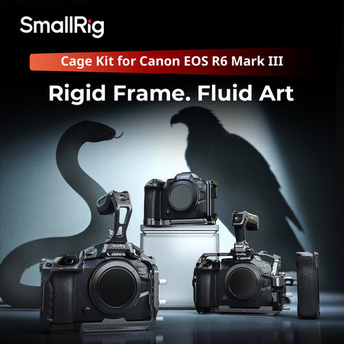 SmallRig cage kit for Canon EOS R6 Mark III with camera and snake and eagle silhouettes on a dark background.