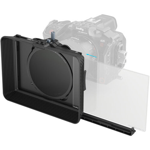 A black camera monitor mount with a clear sliding screen panel, shown in front of a faded grayscale camera on a white background.