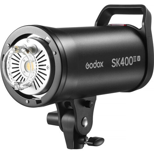 Godox SK400III UV flash light in matte black with a silver front lens guard and white brand text, shown on a white background.