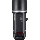 Black Godox camera flash on a white background
