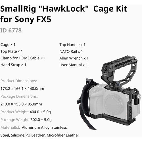 Product information graphic for the SmallRig 'HawkLock' Cage Kit for Sony FX5, showing a black camera cage around a white Sony camera on a light gray background, with a list of included accessories and dimensions/weights.