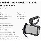 Product information graphic for the SmallRig 'HawkLock' Cage Kit for Sony FX5, showing a black camera cage around a white Sony camera on a light gray background, with a list of included accessories and dimensions/weights.