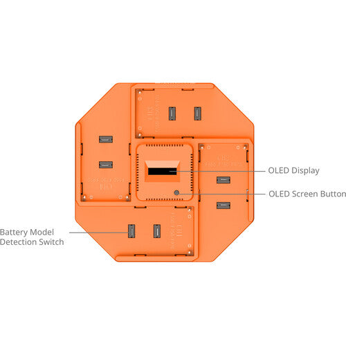 Orange electronic device with labeled components on a white background