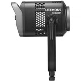 A LITEMONS LE600R studio light shown from the side against a solid white background, highlighting its matte black body, ventilation grilles, control dial, and mounting arm.