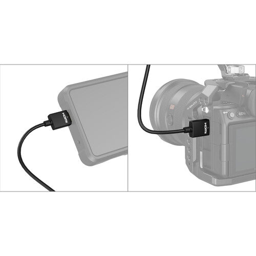 Camera with HDMI cable attached to a device, on a white background
