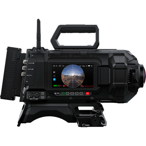 Black video camera with a screen displaying a radar-like interface on a white background