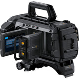 Black video production camera with screen and control panel on a white background