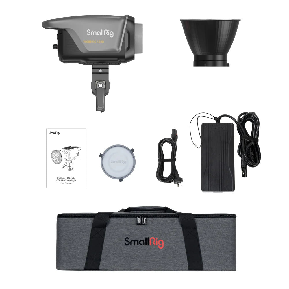 SmallRig RC450D COB LED video light with power adapter and accessories