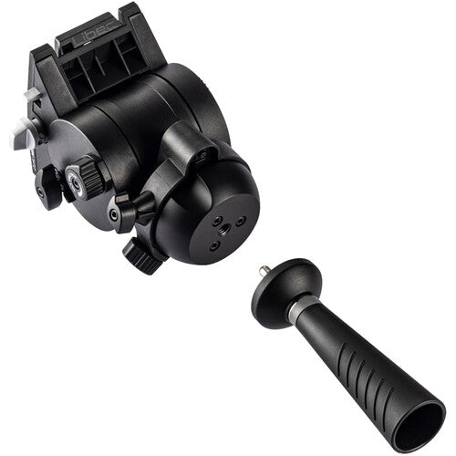 Black camera tripod head with an attached thumb wheel handle, shown on a clean white background.