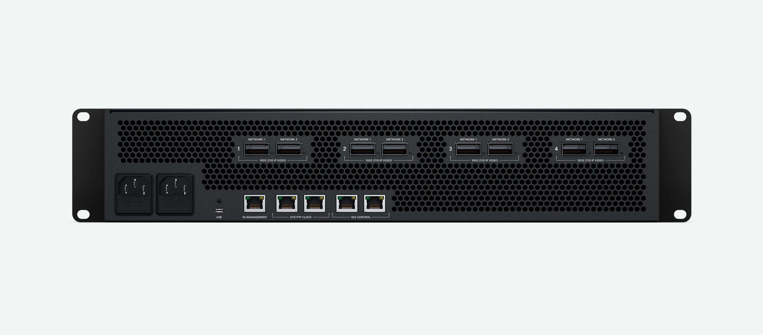A black rack-mount power supply or server module with multiple front ports and connectors, shown against a plain white background.