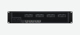 A black rack-mount power supply or server module with multiple front ports and connectors, shown against a plain white background.