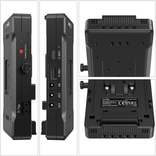 Black camera battery plate with multiple ports and connectors on a white background
