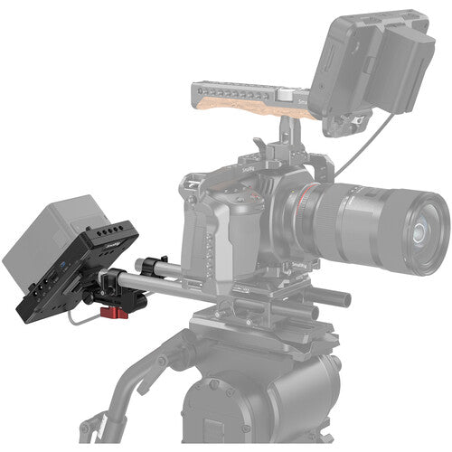 Camera with mounted accessories on a white background