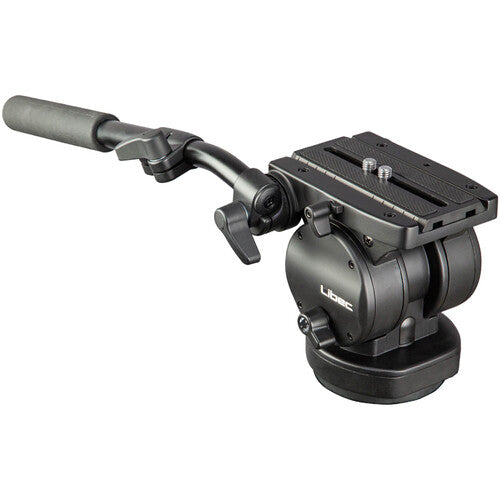 A black Ulead professional video camera fluid head with a horizontal handle and a textured quick-release plate, shown on a solid white background.