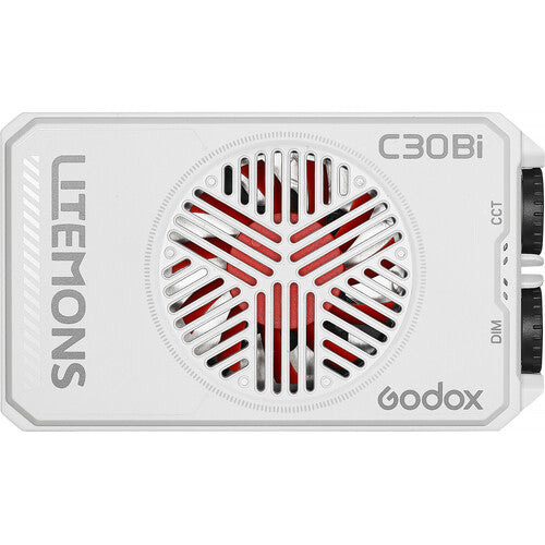 A white Godox C30Bi Liteons LED light strip with a circular red and black fan grille, featuring control knobs on the right side.